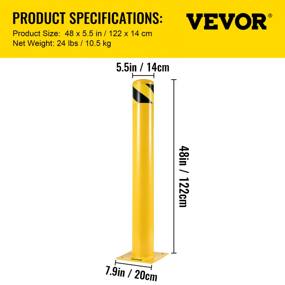 VEVOR Security Bollard Parking Bollard, 122 cm x 14 cm Security Barrier, Yellow Powder-Coated Tubular Steel Security Barrier, with 4 Anchor Bolts Steel Bollard Post