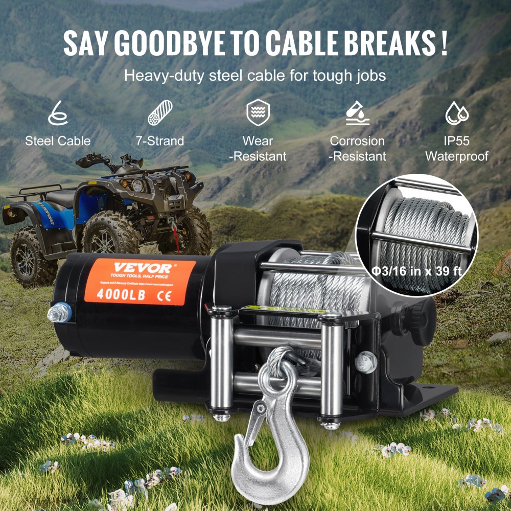 VEVOR Verricello elettrico ATV UTV, Capacità tiro 1814kg, 12 V CC, Cavo in acciaio a 7 fili Φ0,5 x 118,7 cm, Telecomando wireless cablato, Impermeabile IP55, Verricello per traino ATV UTV