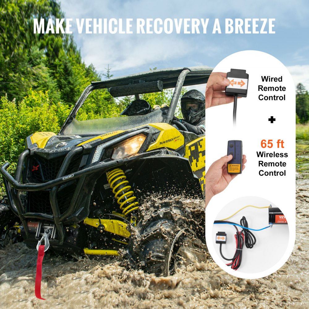 VEVOR Verricello elettrico ATV UTV, Capacità tiro 1814kg, 12 V CC, Cavo in acciaio a 7 fili Φ0,5 x 118,7 cm, Telecomando wireless cablato, Impermeabile IP55, Verricello per traino ATV UTV