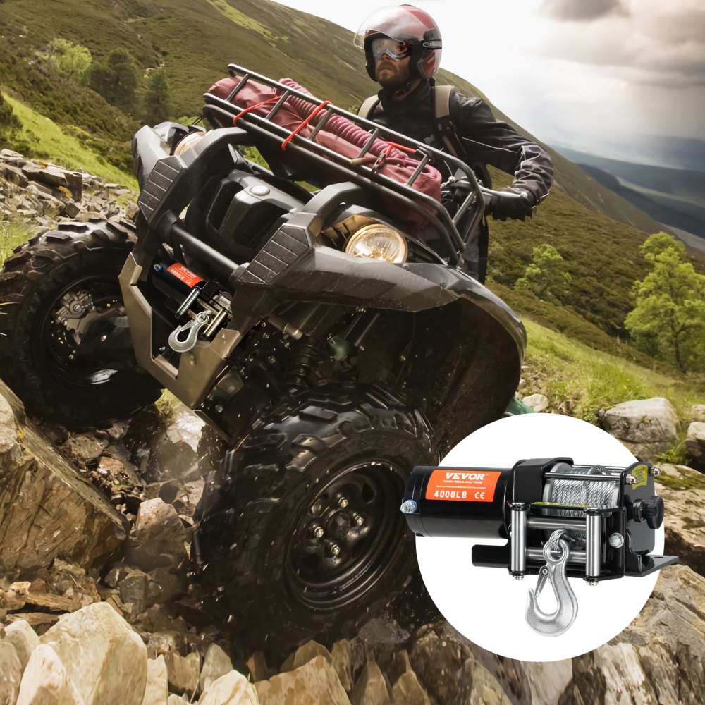 VEVOR Verricello elettrico ATV UTV, Capacità tiro 1814kg, 12 V CC, Cavo in acciaio a 7 fili Φ0,5 x 118,7 cm, Telecomando wireless cablato, Impermeabile IP55, Verricello per traino ATV UTV
