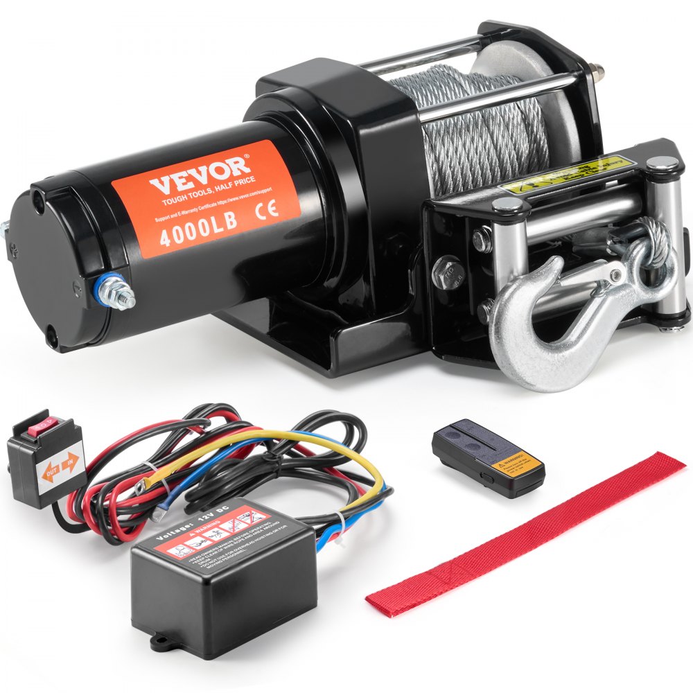 VEVOR Verricello elettrico ATV UTV, Capacità tiro 1814kg, 12 V CC, Cavo in acciaio a 7 fili Φ0,5 x 118,7 cm, Telecomando wireless cablato, Impermeabile IP55, Verricello per traino ATV UTV
