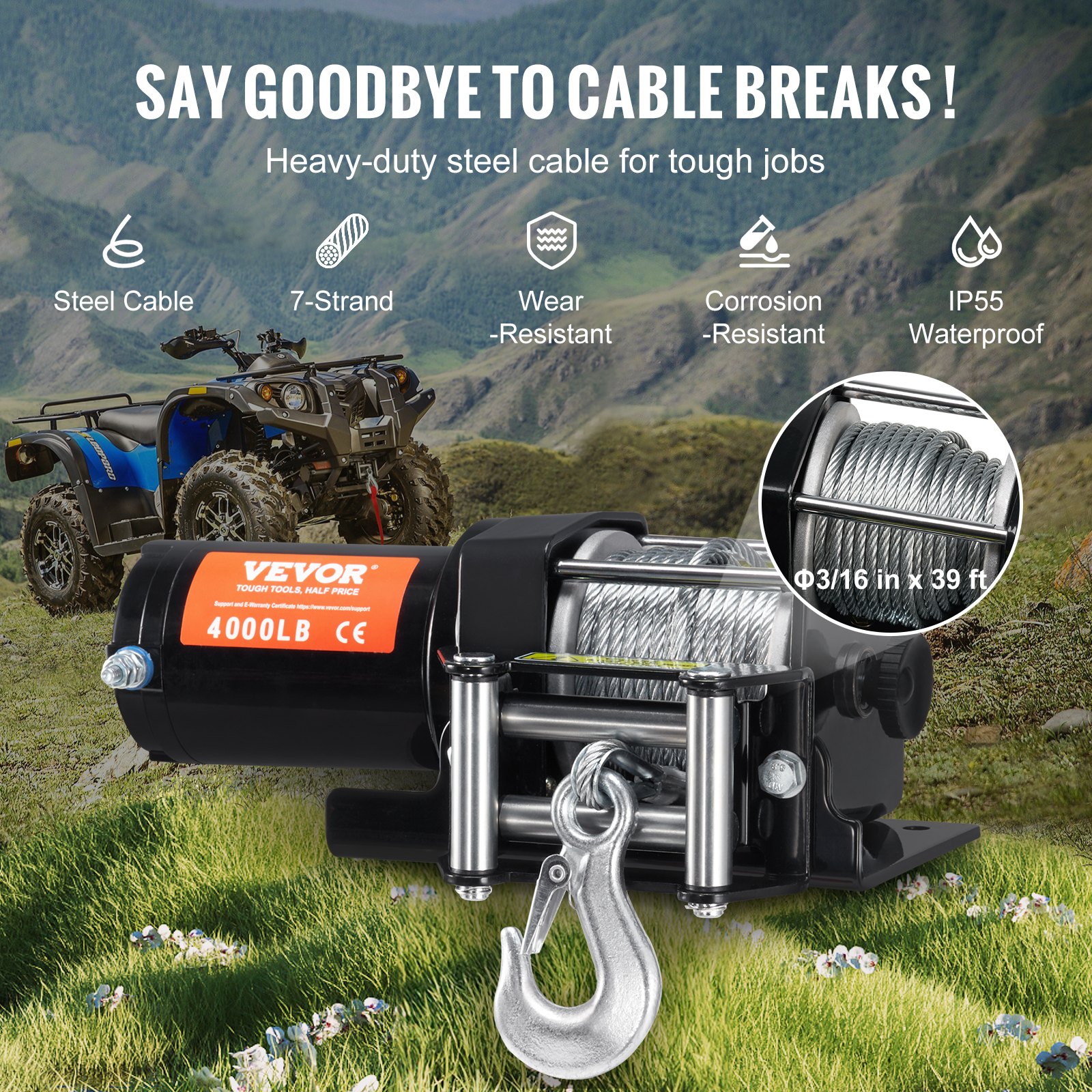 VEVOR Verricello elettrico ATV UTV, Capacità tiro 1814kg, 12 V CC, Cavo in acciaio a 7 fili Φ0,5 x 118,7 cm, Telecomando wireless cablato, Impermeabile IP55, Verricello per traino ATV UTV