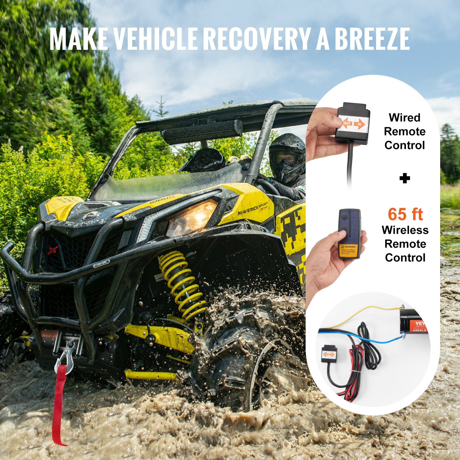 VEVOR Verricello elettrico ATV UTV, Capacità tiro 1814kg, 12 V CC, Cavo in acciaio a 7 fili Φ0,5 x 118,7 cm, Telecomando wireless cablato, Impermeabile IP55, Verricello per traino ATV UTV