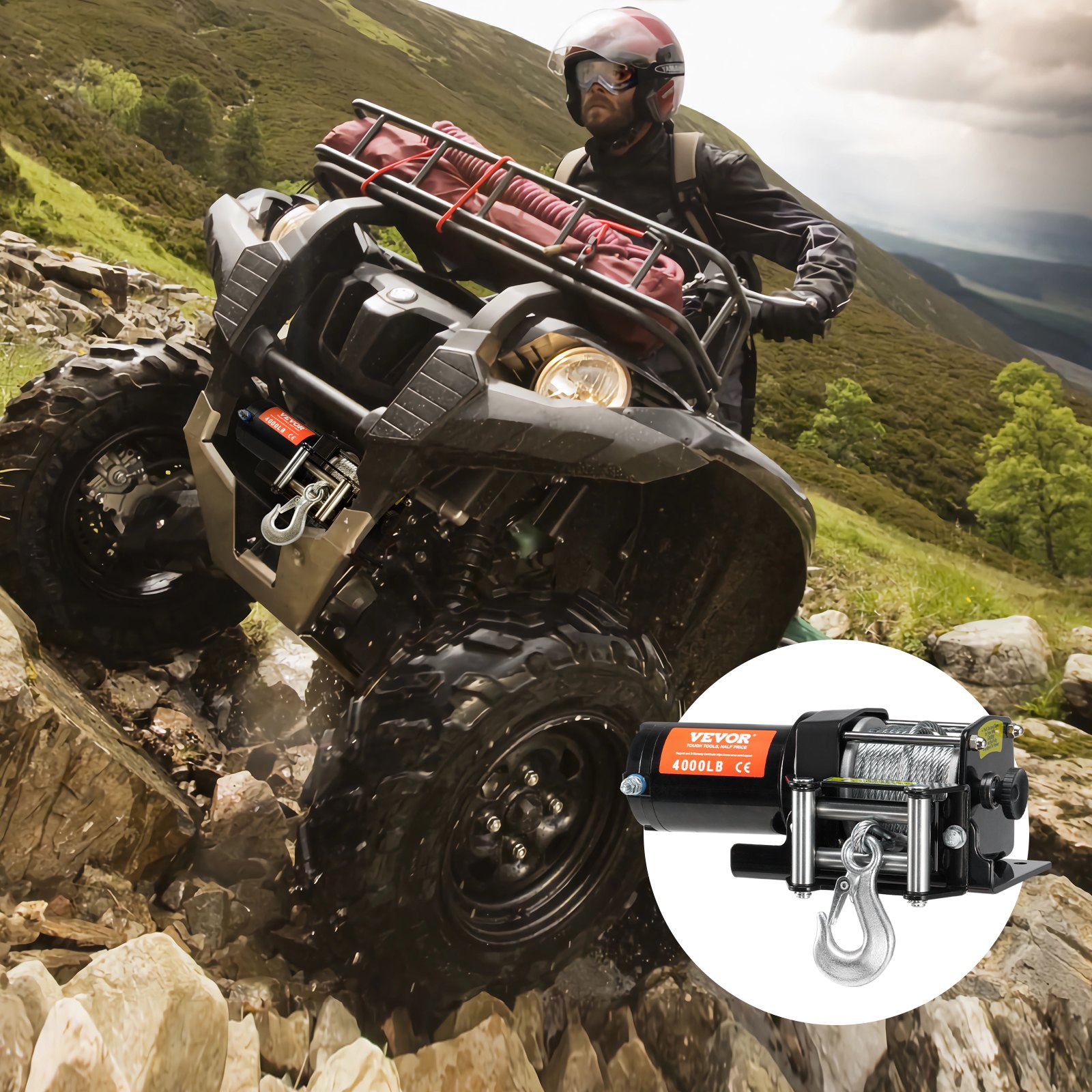 VEVOR Verricello elettrico ATV UTV, Capacità tiro 1814kg, 12 V CC, Cavo in acciaio a 7 fili Φ0,5 x 118,7 cm, Telecomando wireless cablato, Impermeabile IP55, Verricello per traino ATV UTV