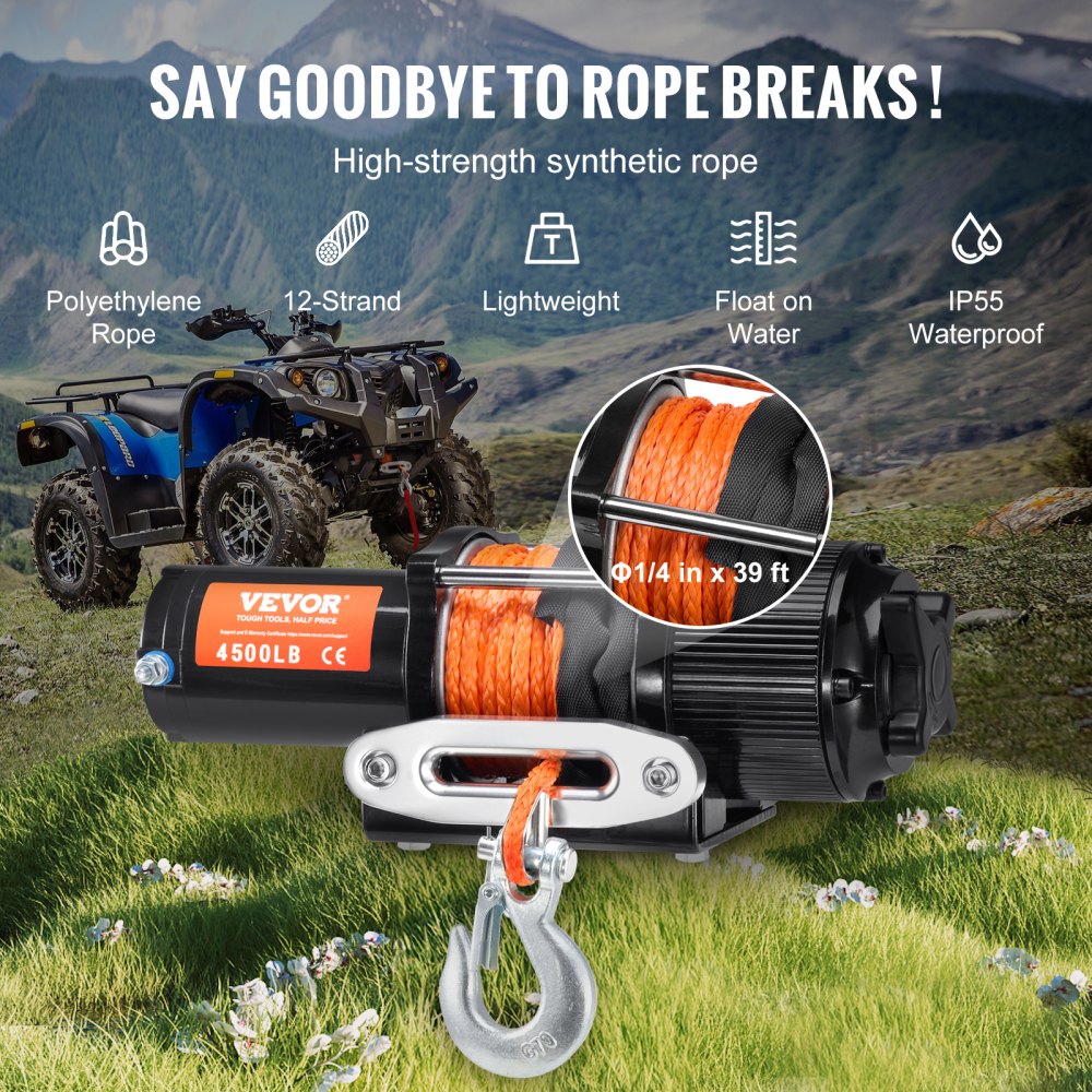 VEVOR Verricello Elettrico, Capacità di Tiro della Linea 2041 kg Verricello ATV/UTV 12 V CC Φ0,6 x 1188,7 cm 12 Trefoli in Corda Sintetica in Alluminio, Telecomando Senza Fili e Cablato, per UTV ATV