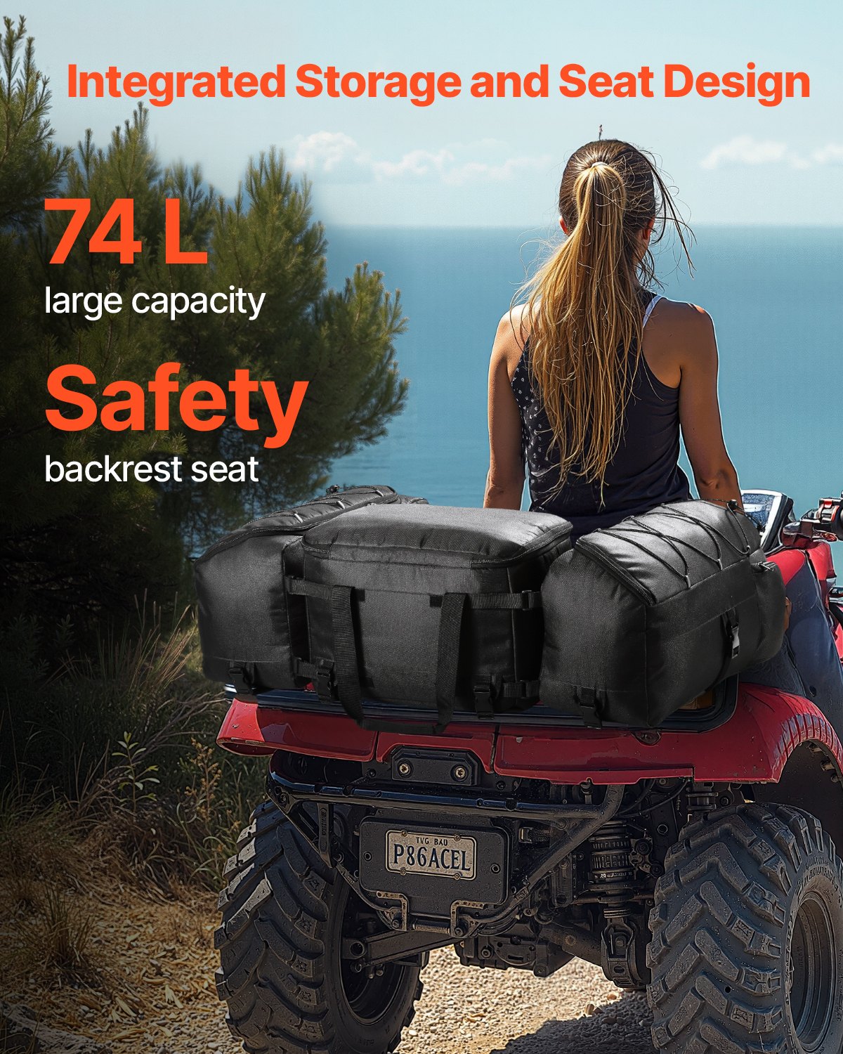 VEVOR ATV Rear Storage Bag, Rear Cargo Bag (74 L) with Insulated Cooler Bag, Rear Seat Equipment Bag, Fits Most ATVs and UTVs with Luggage Rack, Black