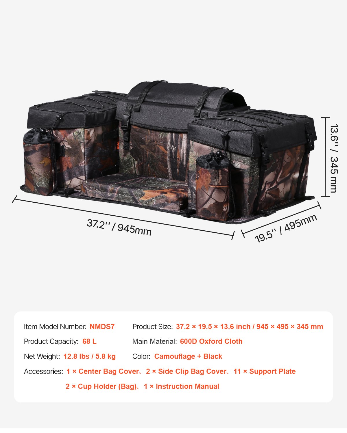 VEVOR Borsa Portaoggetti Posteriore per ATV 68 L Borsa Portaoggetti in Tessuto Oxford 600D con Cuscino in Spugna e Portabottiglie, per Maggior Parte degli ATV con Portapacchi Posteriore, UTV, Can-Am