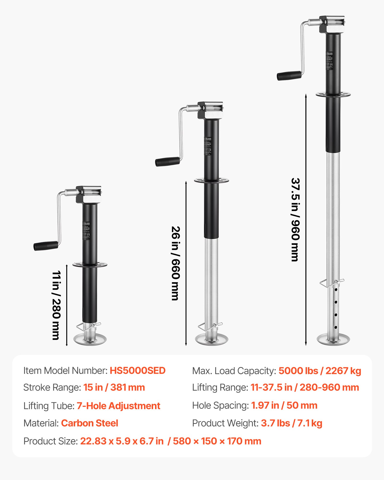 VEVOR Cric per Rimorchio a Telaio ad A Carico da 2267 kg, Corsa Verticale di 381 mm, Cric per Rimorchio con Gamba di Caduta Regolabile a 7 Livelli Compatibile con Trapano a Batteria, per Camper