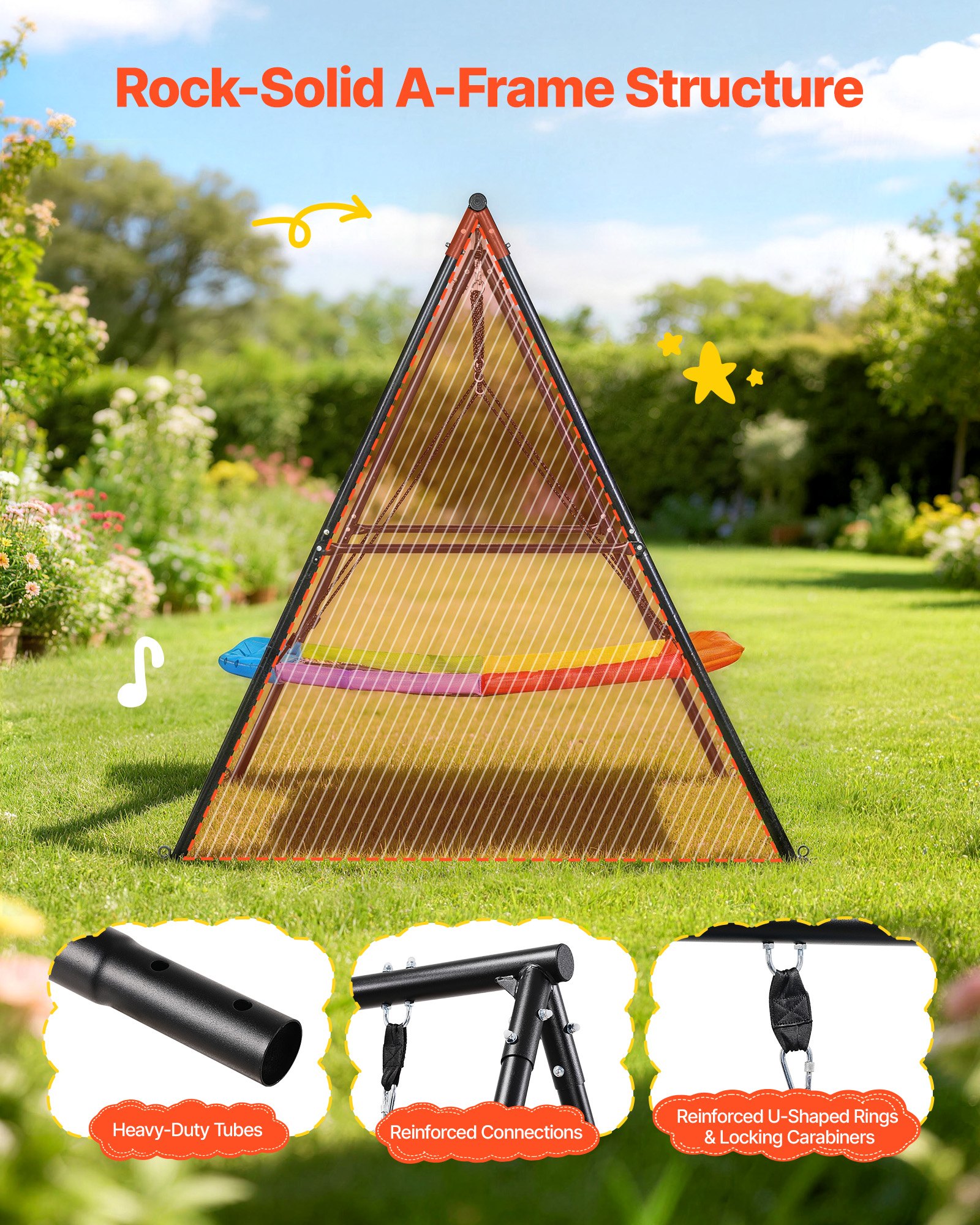 VEVOR Altalena da Giardino Telaio in Metallo a Forma di A per Bambini da Giardino Carico max 199,6 kg, Altalena Seduta 150 x 81 cm da Esterno Cortile Parco Gioco Struttura Triangolare per Bambini