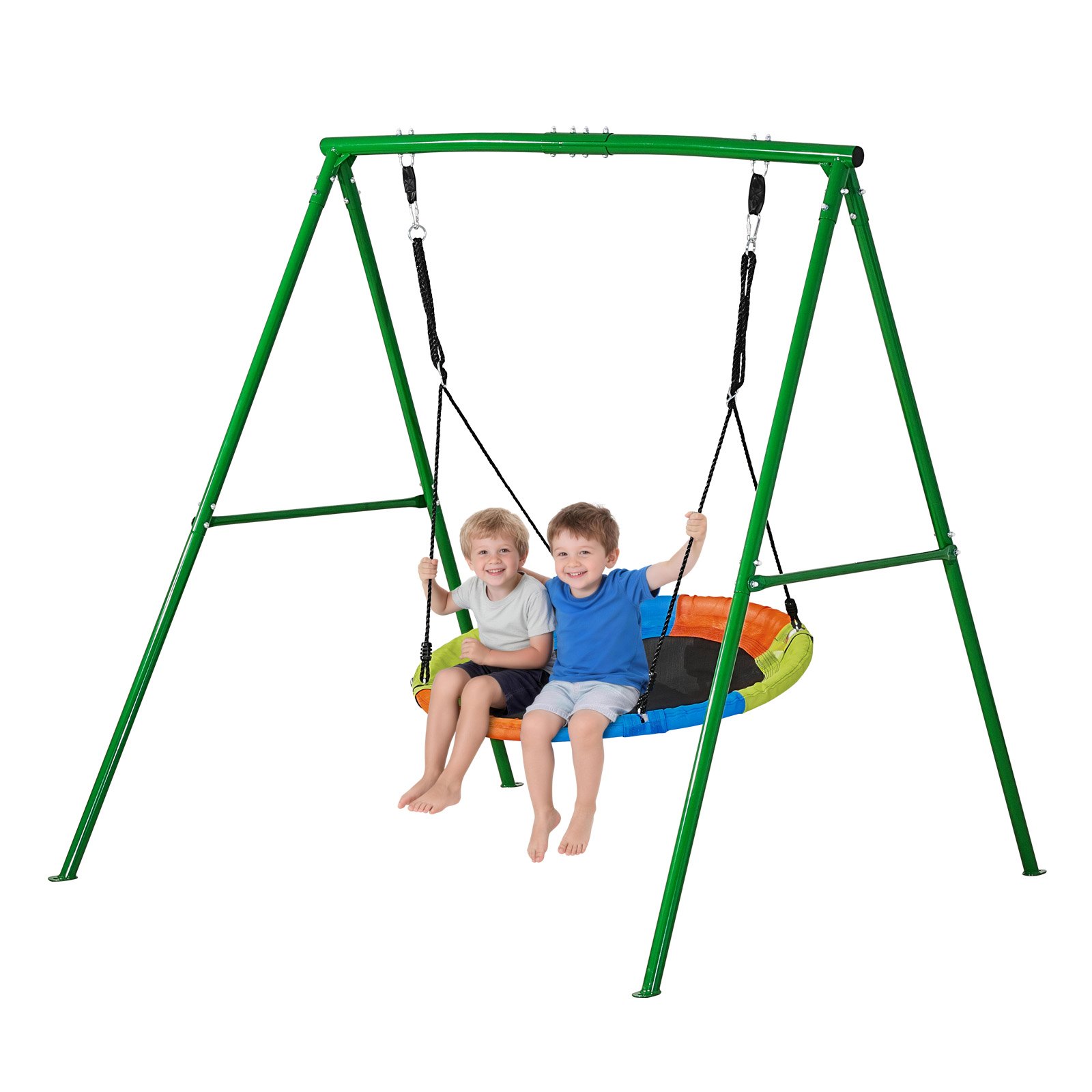 VEVOR Swing Set for Backyard, 100 cm Saucer Swing Seat with Heavy Duty A-Frame Metal Stand, 199.6 kg Load Capacity, Reinforced with Spiral Ground Anchors, Swingset Outdoor for Kids, Green and Colorful