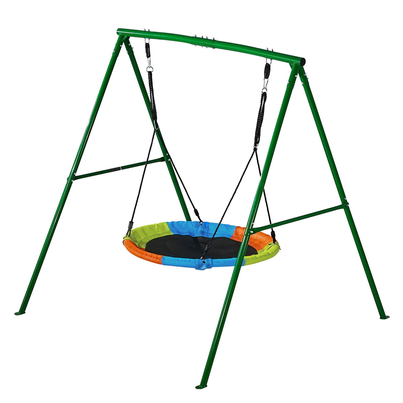 VEVOR Swing Set for Backyard, 100 cm Saucer Swing Seat with Heavy Duty A-Frame Metal Stand, 199.6 kg Load Capacity, Reinforced with Spiral Ground Anchors, Swingset Outdoor for Kids, Green and Colorful