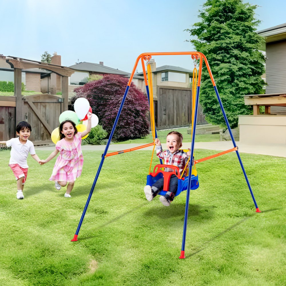 altalena per bambini piccola gialla e rossa su struttura blu e arancione, set altalene VEVOR per bambini.