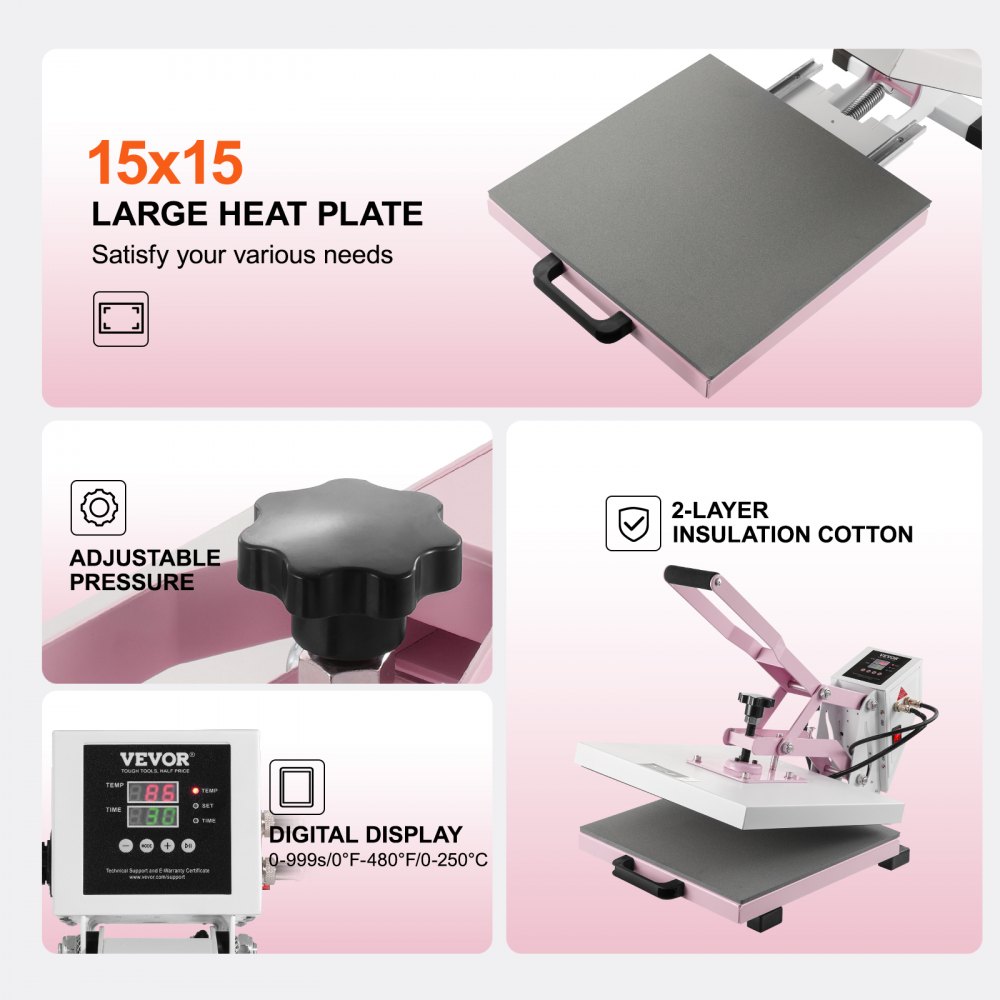 VEVOR Heat Press, 15 x 15 Inch Digital Heat Press, Pull-Out Heat Transfer Machine, Fast and Even Heating, 2-Layer Insulating Cotton, Heat Transfer Machine for T-Shirts/Pillows/Bags, Pink