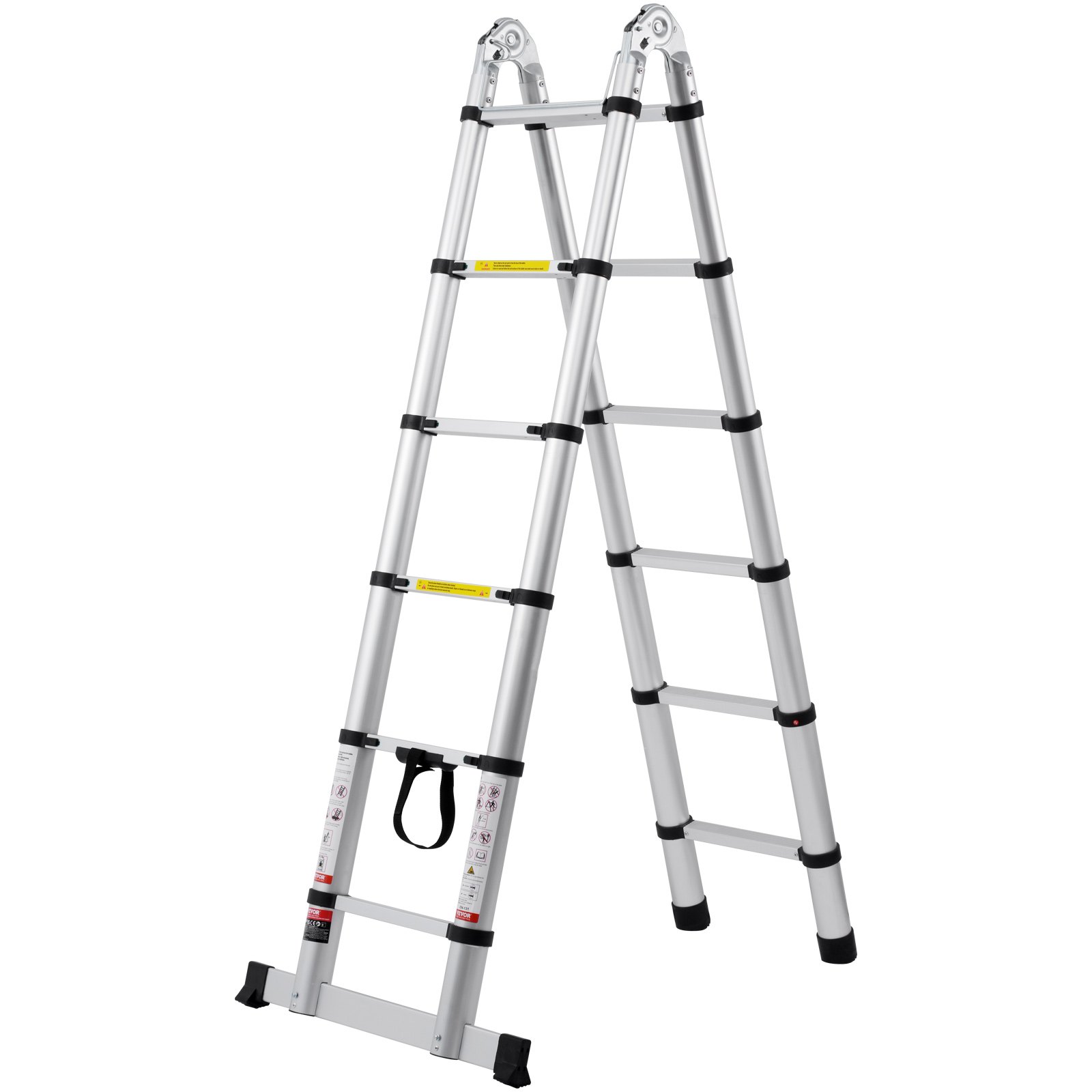 VEVOR Scala Telescopica a Forma di A da 3810 mm Scala Estensibile in Alluminio, Capacità di  170 kg Scala Pieghevole con Retrazione Multi-pulsante, con Barra Stabilizzatrice, per Camper, Roulotte