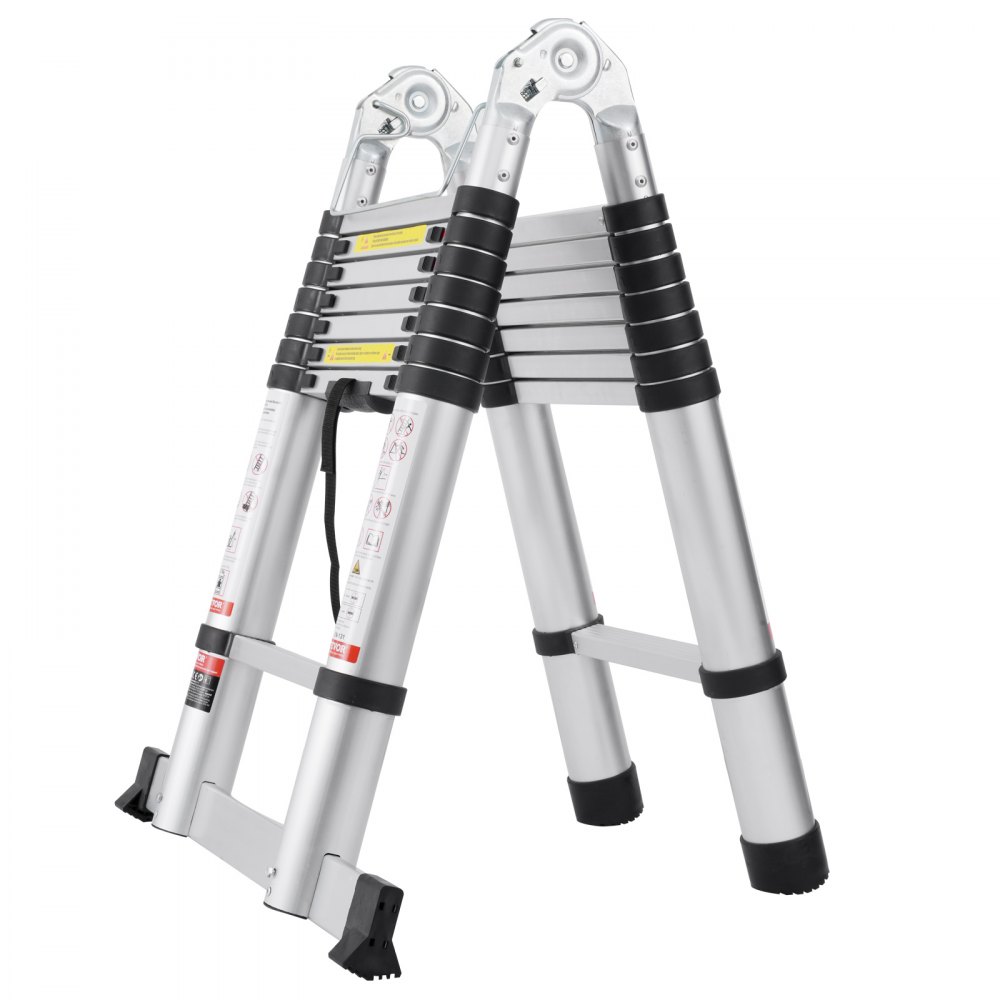 VEVOR Scala Telescopica a Forma di A da 5029,2 mm Scala Estensibile in Alluminio, Capacità di 170 kg Scala Pieghevole con Retrazione Multi-pulsante, con Barra Stabilizzatrice, per Camper, Roulotte