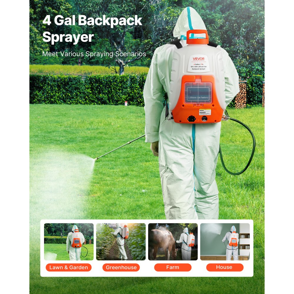 VEVOR Nebulizzatore Giardino a Batteria da Spalla Serbatoio 15L Ugelli Sostituibili 8 Pezzi con Bacchette per Irrigazione Prato Orto Serra Piante, Irroratrice Spruzzatrice a Zaino a Pressione 6,2bar
