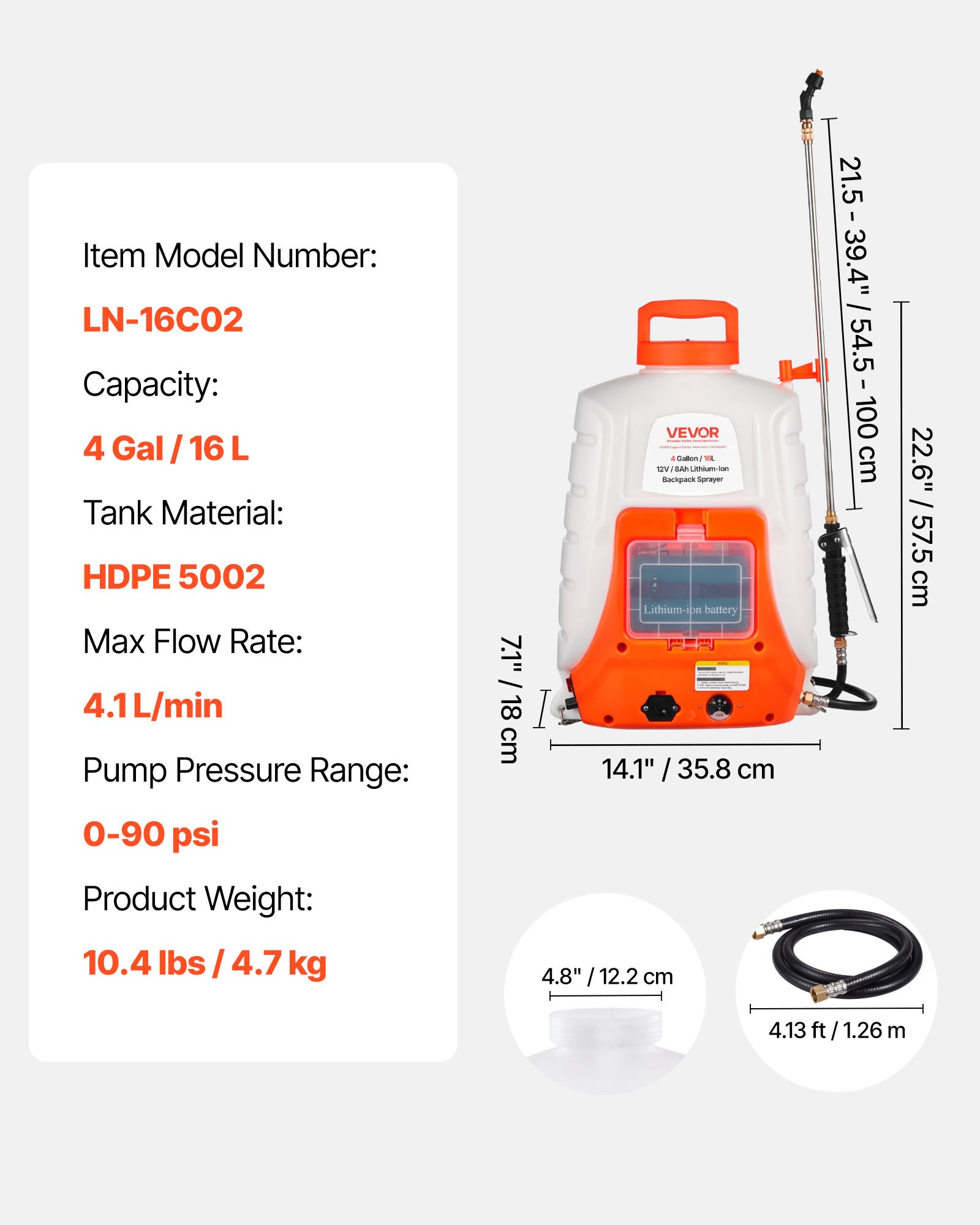 VEVOR Cordless Pressure Sprayer 15L Backpack Sprayer 8Ah Lithium-Ion Battery Pressure Sprayer 90PSI Fertilizer Sprayer 4.1L/min Garden Sprayer with Shoulder Straps Plant Sprayer Garden Irrigation Disinfection Car Wash