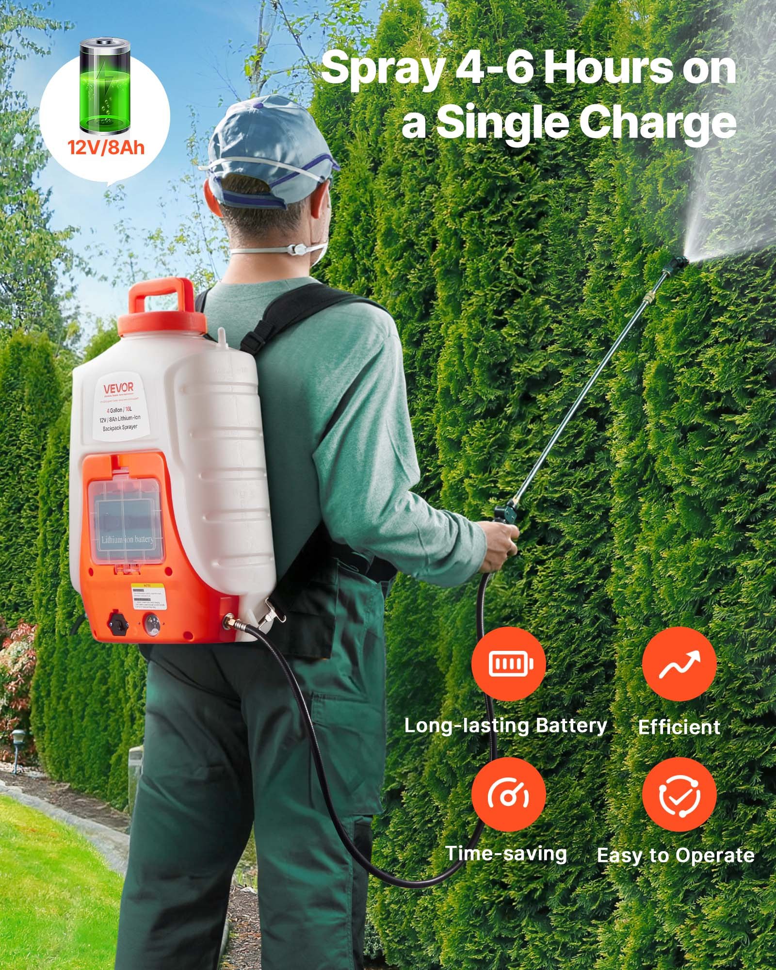 VEVOR Nebulizzatore Giardino a Batteria da Spalla Serbatoio 15L Ugelli Sostituibili 8 Pezzi con Bacchette per Irrigazione Prato Orto Serra Piante, Irroratrice Spruzzatrice a Zaino a Pressione 6,2bar