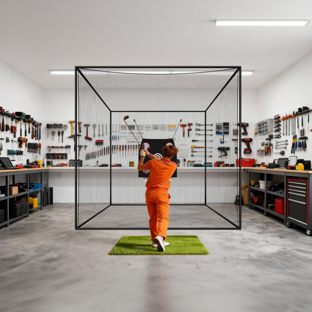 VEVOR Gabbia da Battuta Pop-Up di Golf da 3050 x 3050 x 3050 mm, con Poliestere senza Nodi a 3 Strati, Bersaglio da Golf e Bersaglio da Baseball a 9 Fori, per Interni ed Esterni, Cortile