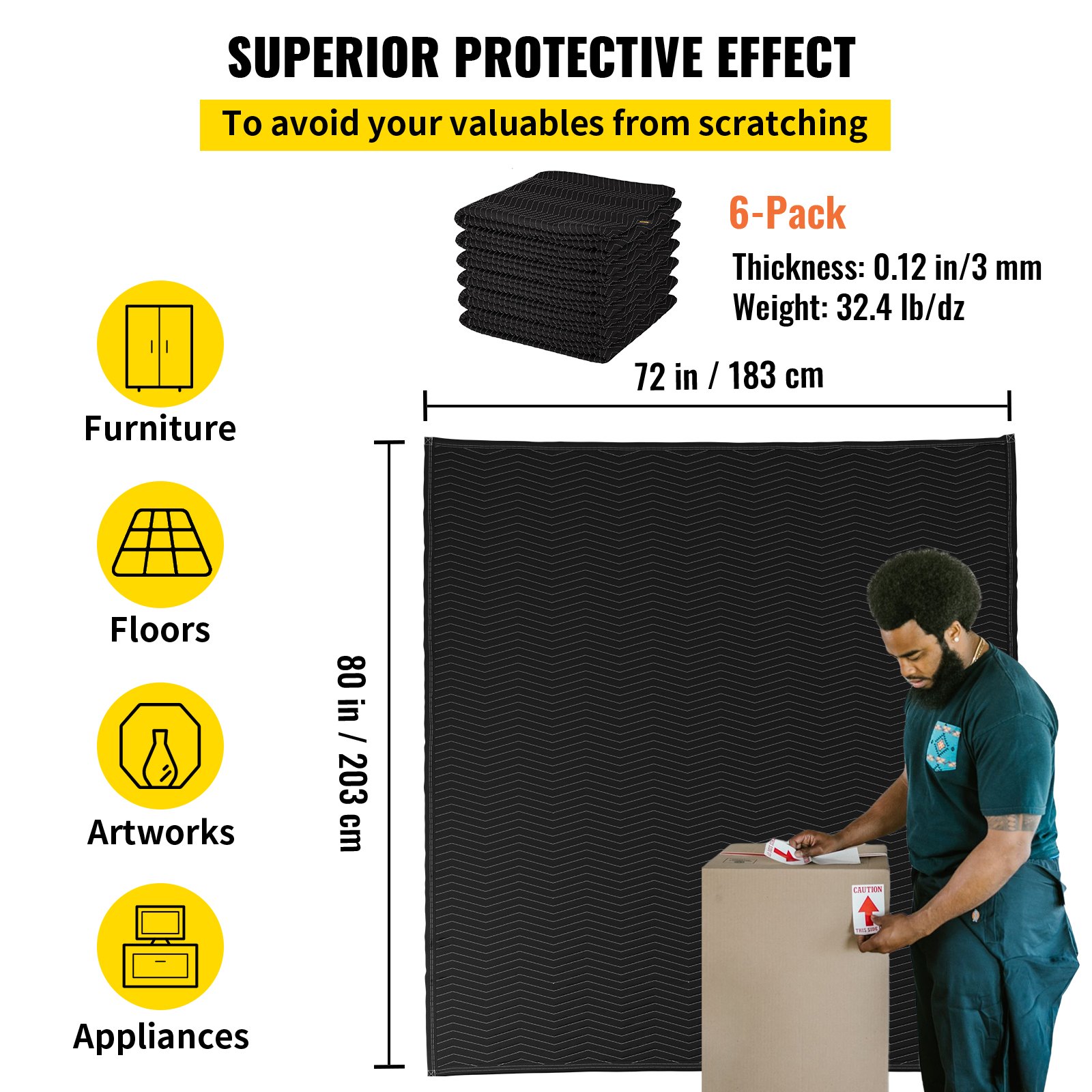 VEVOR Coperta per Protezione dei Mobili Peso da 2,5 kg 6 Pezzi in Totale 3 mm, Coperte per Imballaggio Mobili per Trasloco Nere per Avvolgere Mobili, Elettrodomestici e Opere d'Arte ed Evitare Polvere