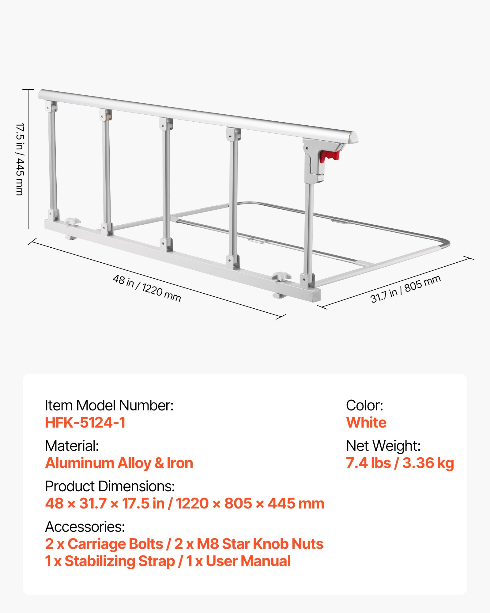 VEVOR Sponda Letto Pieghevole per Anziani, Sponda di Supporto da 122 cm in Metallo con Cinghia di Fissaggio, Bastone da Comodino con Tubo Regolabile in Altezza,  per Letto King, Queen