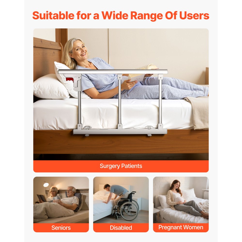 VEVOR Foldable Bed Rail for Elderly, 70 cm Bedside Assist Rail with Fixing Strap, Adjustable Height Pipe Bedside Cane, High-Strength Metal Senior Bed Bar, Hand Guard Grab Fits King, Queen, Full, Twin