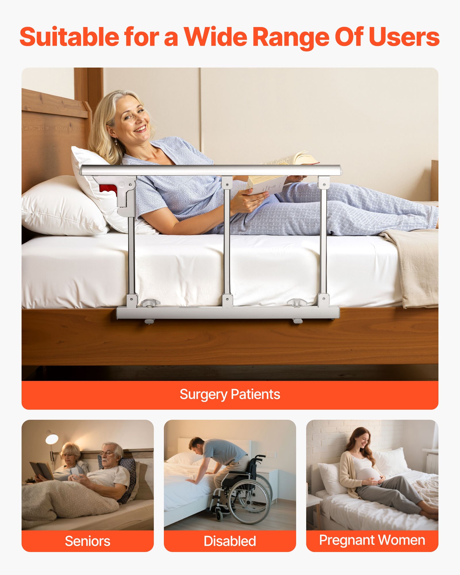 VEVOR Foldable Bed Rail for Elderly, 70 cm Bedside Assist Rail with Fixing Strap, Adjustable Height Pipe Bedside Cane, High-Strength Metal Senior Bed Bar, Hand Guard Grab Fits King, Queen, Full, Twin