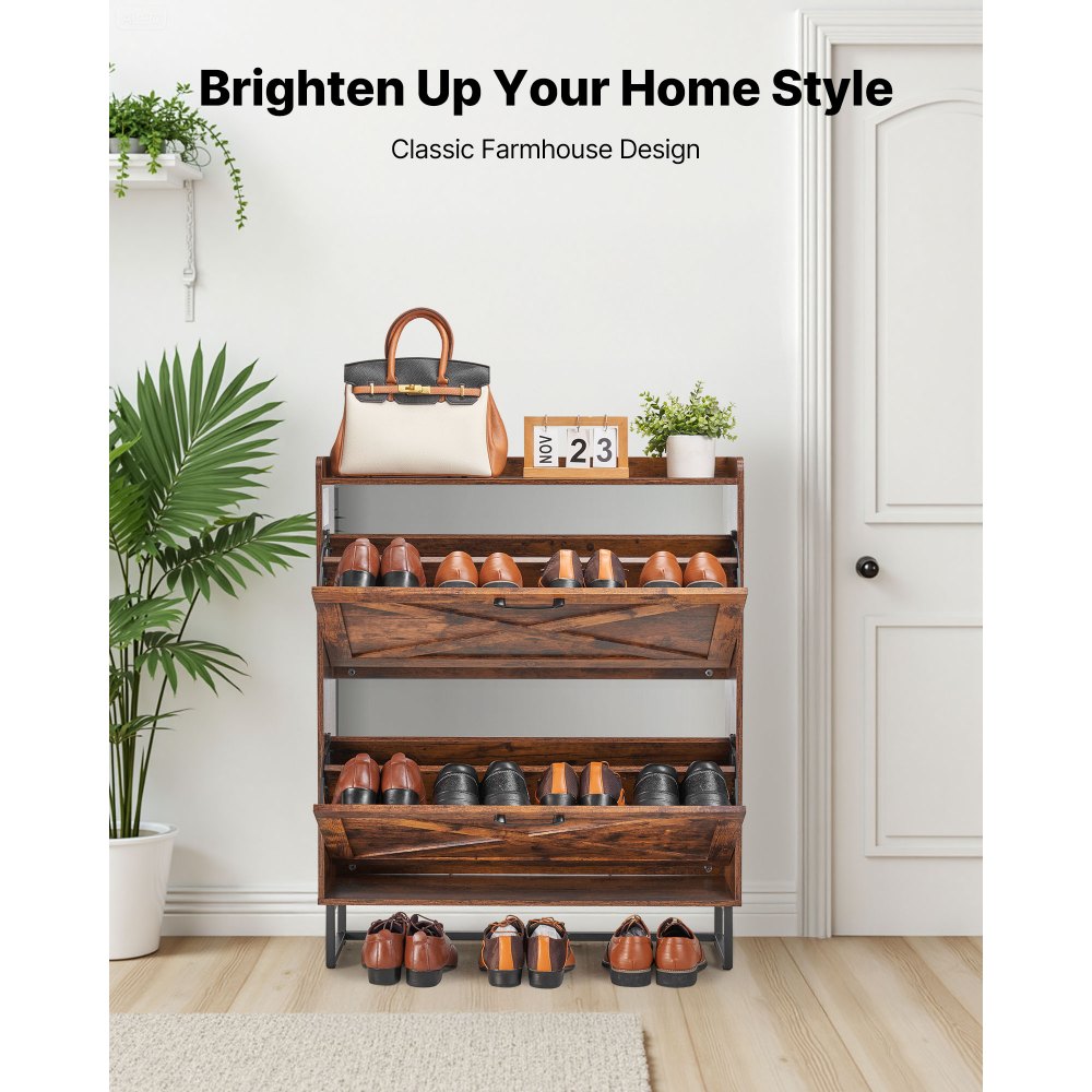 VEVOR Scarpiera con 2 Cassetti Pieghevoli, Scarpiera in Stile Rustico con Gambe in Metallo e Dispositivo Antiribaltamento, Organizer per Scarpe per Ingresso, Camera da letto, Soggiorno, Marrone