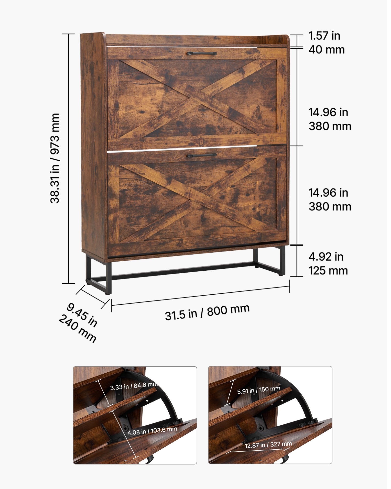VEVOR Scarpiera con 2 Cassetti Pieghevoli, Scarpiera in Stile Rustico con Gambe in Metallo e Dispositivo Antiribaltamento, Organizer per Scarpe per Ingresso, Camera da letto, Soggiorno, Marrone