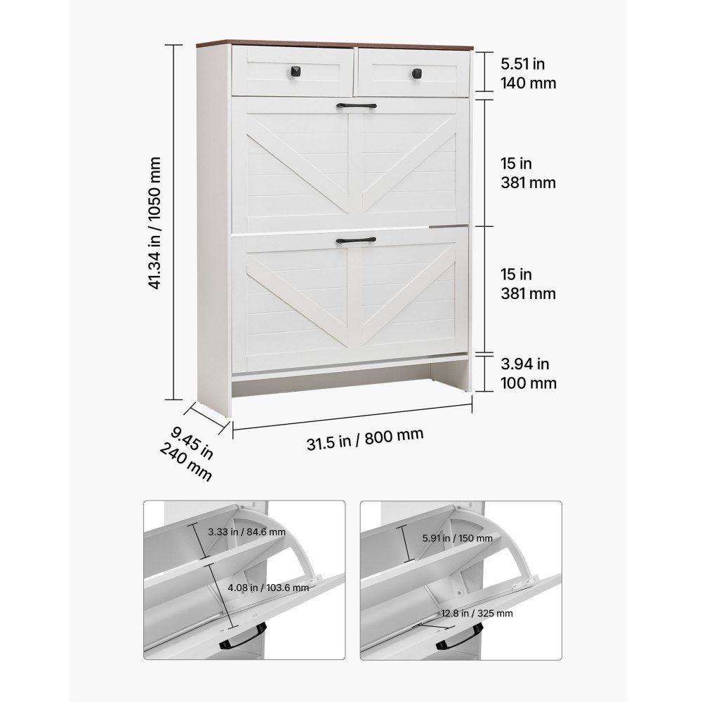 VEVOR Scarpiera con 2 Cassetti Pieghevoli, Scarpiera in Stile Rustico con 2 Cassetti e Dispositivo Antiribaltamento, Organizer per Scarpe Indipendente per Ingresso, Camera da letto, Soggiorno, Bianco