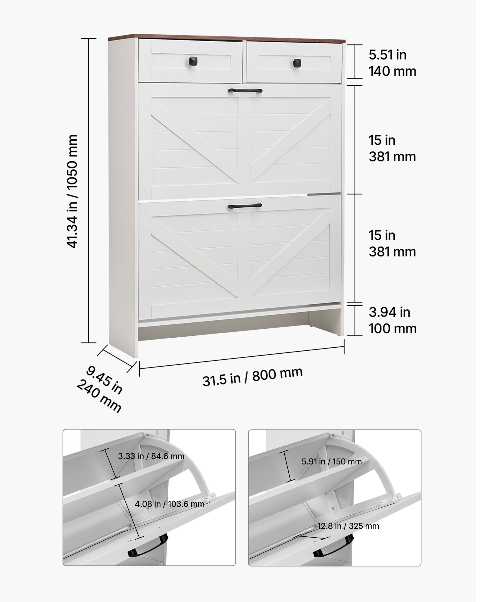 VEVOR Scarpiera con 2 Cassetti Pieghevoli, Scarpiera in Stile Rustico con 2 Cassetti e Dispositivo Antiribaltamento, Organizer per Scarpe Indipendente per Ingresso, Camera da letto, Soggiorno, Bianco