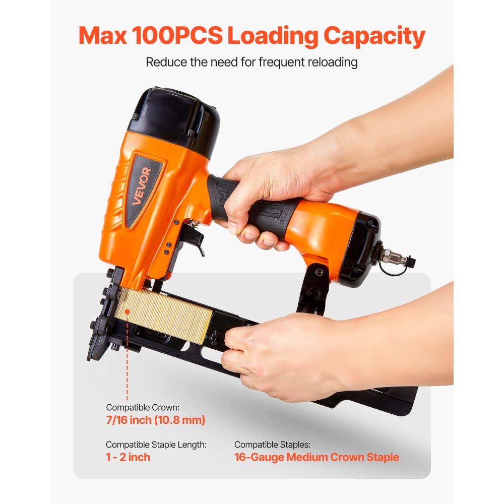 VEVOR Troncatrice Sparachiodi Pneumatica, Calibro 16, 10,8 mm, Corona Media, Lunghezza da 25 mm a 50 mm, da 70 a 120 PSI, per Coperture di Tetti, Rivestimenti di Pareti, Recinzioni e Sottopavimenti