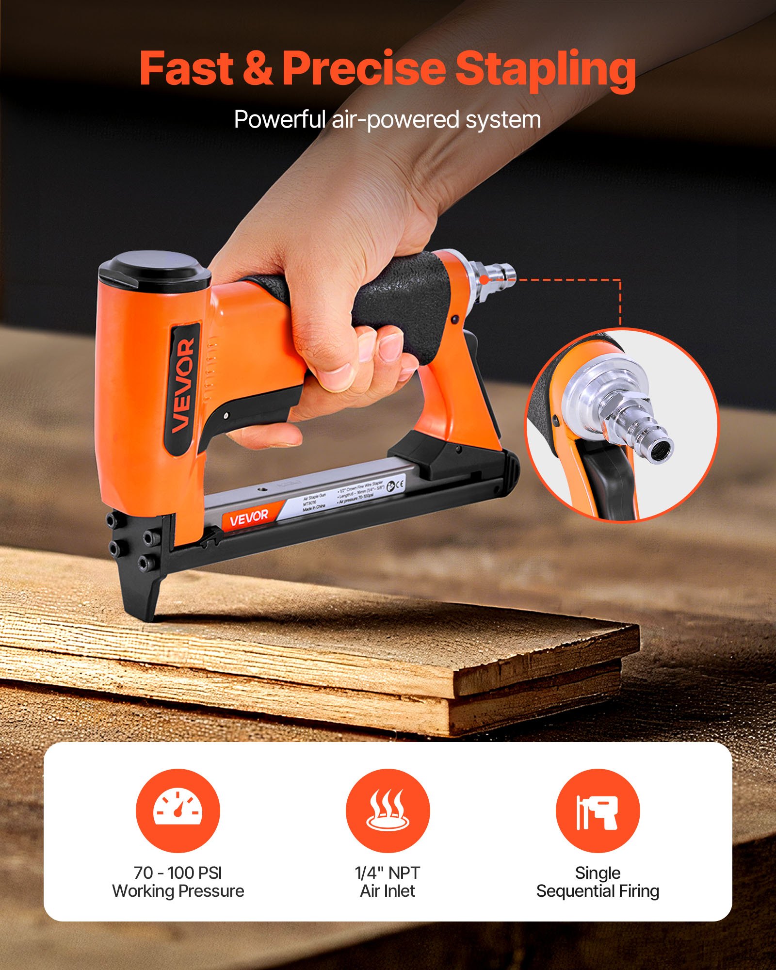 VEVOR Graffettatrice Pneumatica, per Tappezzeria Calibro 21 per Punti Metallici a Filo Sottile Serie 80, Corona da 12,8 mm, Caricamento Massimo di 150 Pezzi, Spillatrice Pneumatica per Tappezzeria