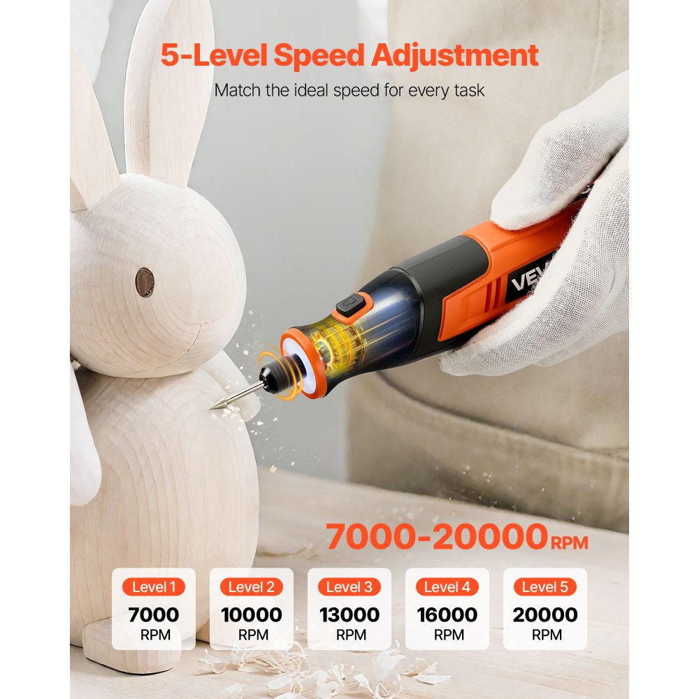 VEVOR Kit di Utensili Rotanti Senza Fili da 73 Pezzi, Mini Utensile Rotante Portatile DC4V, 5 Velocità 7000-20000 giri/min. Strumenti Fai da Te Multiuso per Incisione, Levigatura, Lucidatura