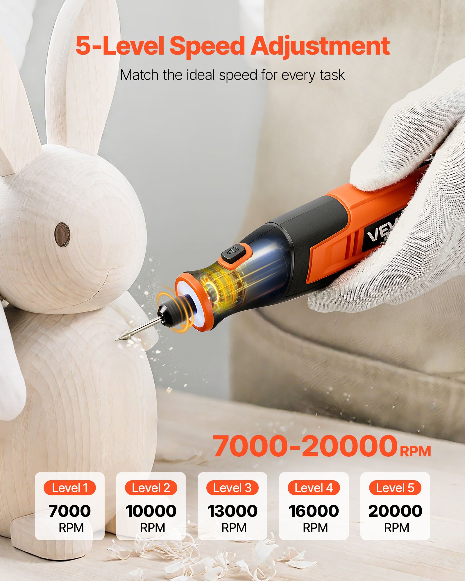 VEVOR Kit di Utensili Rotanti Senza Fili da 73 Pezzi, Mini Utensile Rotante Portatile DC4V, 5 Velocità 7000-20000 giri/min. Strumenti Fai da Te Multiuso per Incisione, Levigatura, Lucidatura