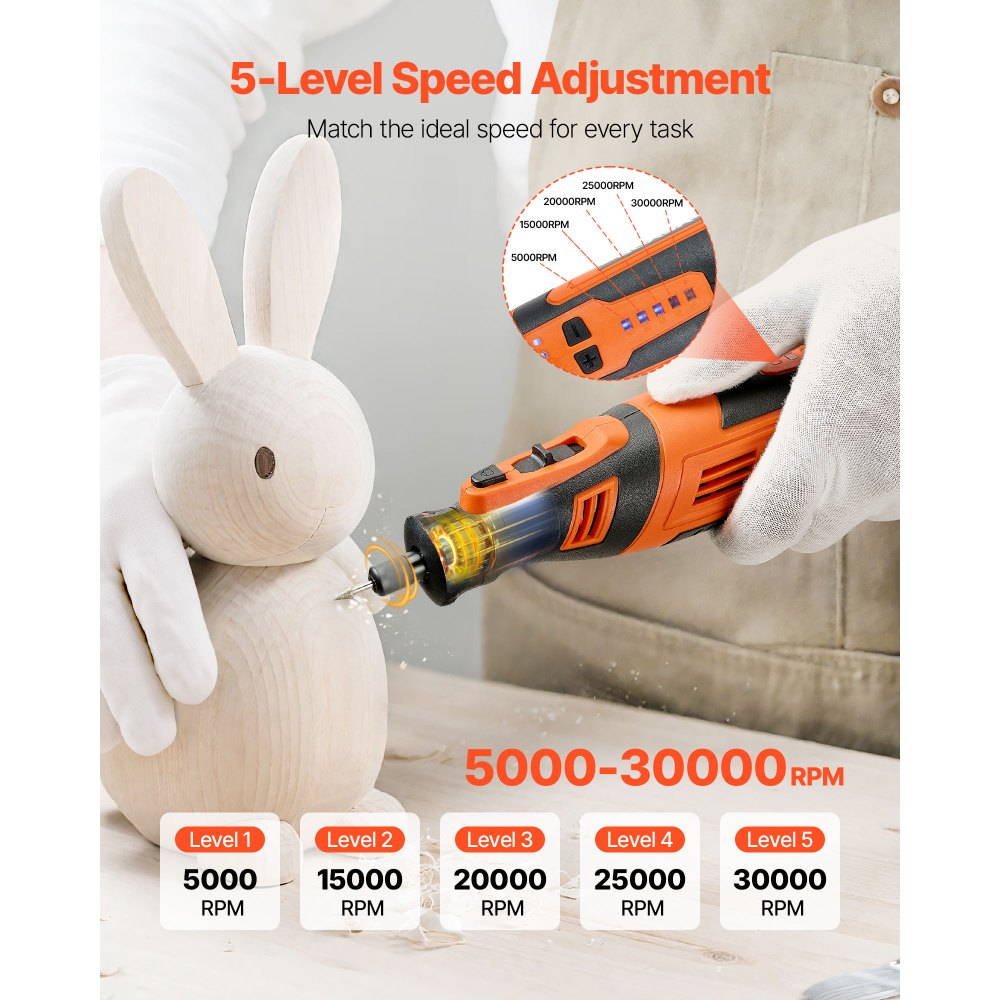 VEVOR Kit di Utensili Rotanti Senza Fili da 136 Pezzi, Mini Utensile Rotante Portatile DC8V, 5 Velocità 5000-30000 giri/min. Strumenti Fai da Te Multiuso per Incisione, Levigatura, Lucidatura