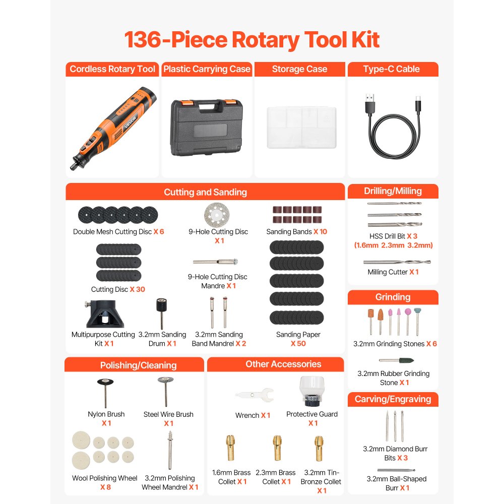 VEVOR Kit di Utensili Rotanti Senza Fili da 136 Pezzi, Mini Utensile Rotante Portatile DC8V, 5 Velocità 5000-30000 giri/min. Strumenti Fai da Te Multiuso per Incisione, Levigatura, Lucidatura