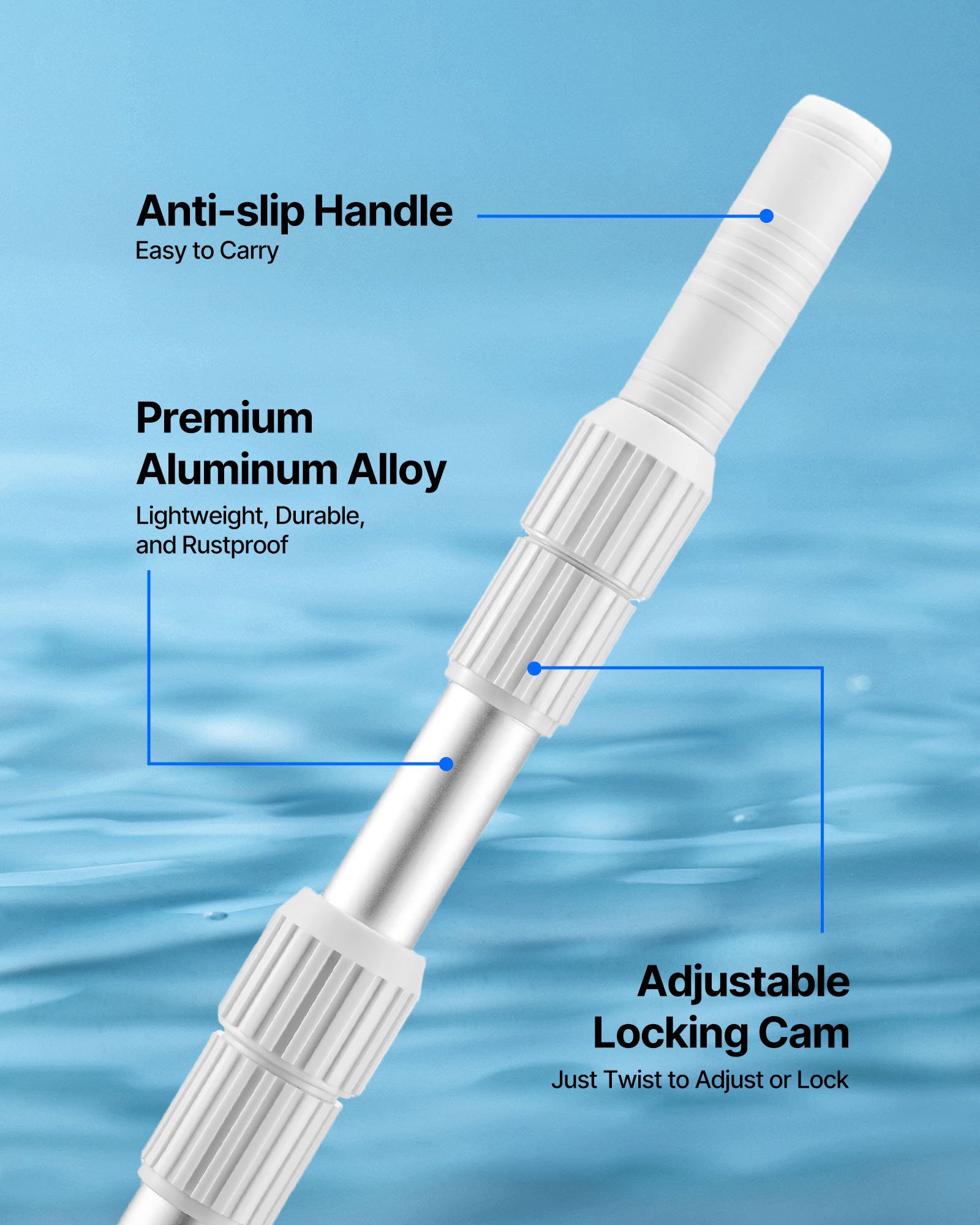 VEVOR Palo per Piscina, 1 a 4,6 m, Asta Telescopica Professionale Regolabile con 2 Aste di Prolunga, Asta di Pulizia per Spazzola, Testa di Aspirazione, per la Pulizia delle Piscine