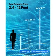 VEVOR Palo per Piscina, 1 a 3,65 m, Asta Telescopica Professionale Regolabile con Asta di Prolunga di Pulizia per Spazzola, Testa di Aspirazione, Retino per Skimmer per la Pulizia delle Piscine