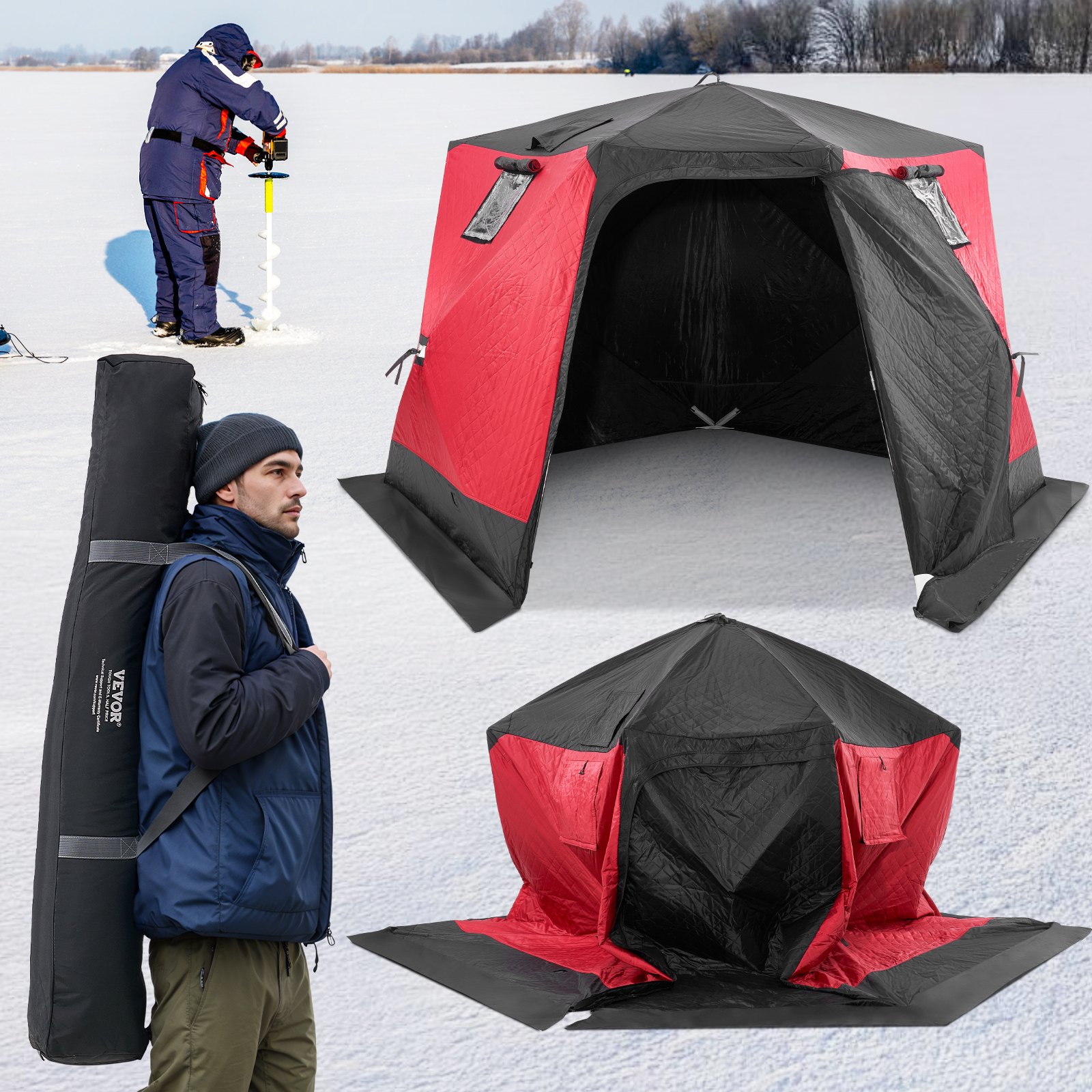 VEVOR Tenda da Pesca sul Ghiaccio 3,3 x 3,3 x 2 m Rifugio Portatile per Pesca sul Ghiaccio per 6-8 Persone, Isolamento Termico, Tessuto Oxford con Ancore, Corde, Borsa Trasporto, per Pesca Invernale