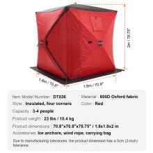 VEVOR Tenda Portatile Per Pesca sul Ghiaccio 1,8 x 1,8 x 2 m per 3-4 Persone