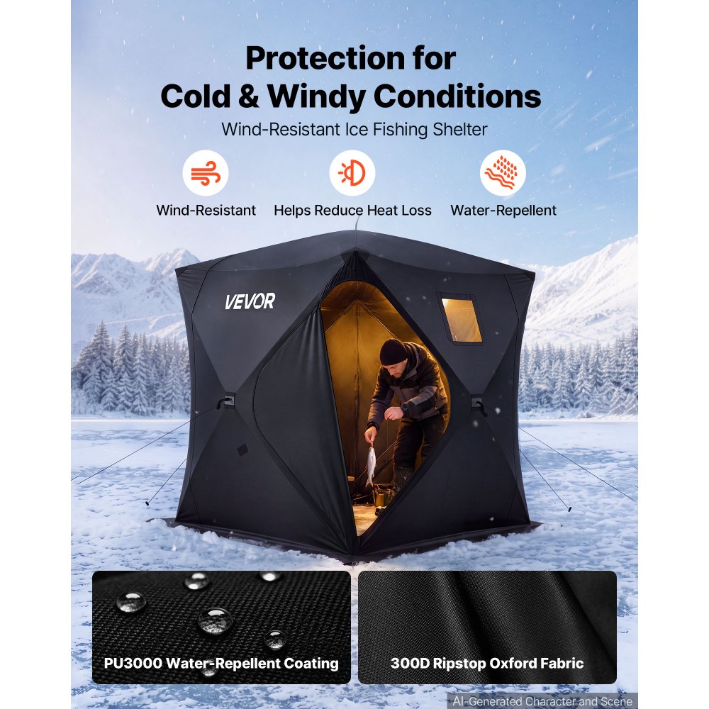VEVOR Tenda da Pesca su Ghiaccio per 3-4 Persone 1,8 x 1,8 x 2 m Portatile, Area di 3,13 m², Tessuto Oxford 300D, Struttura Hub-Style Shanty, Rifugio con Picchetti Corde Borsa per il Trasporto, Nera
