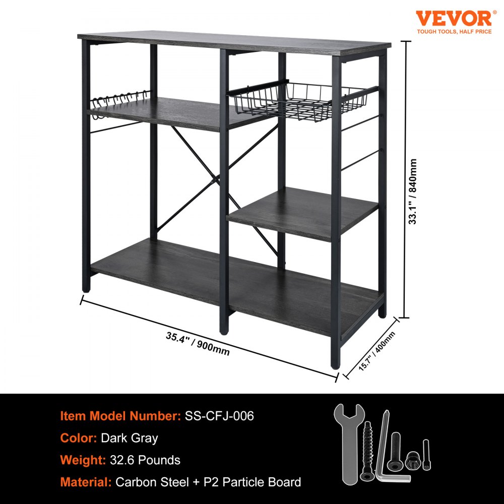 VEVOR Scaffale Portaoggetti Portautensili da Cucina 5 Ripiani con Ganci da Appendere Salvaspazio Carico Max. 89,8 kg ca., Scaffale Portautensili Cucina per Forno Tostapane Microonde 90 x 40 x 84 cm