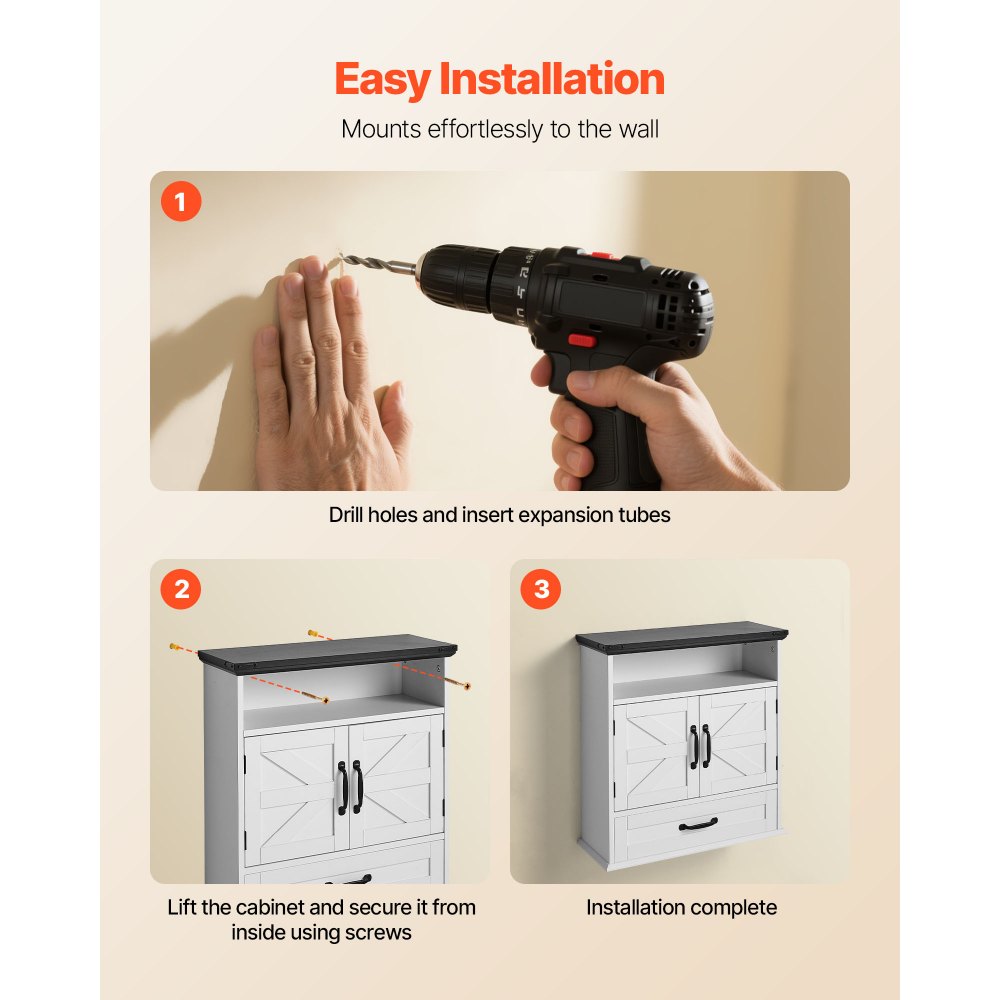 VEVOR Mobiletto da Bagno Pensile con 2 Ante e Ripiani Regolabili, Mobiletto Portaoggetti Pensile per Bagno con Divisorio Aperto e Cassetti per Cucina WC in Truciolare, 610 x 230 x 637 mm