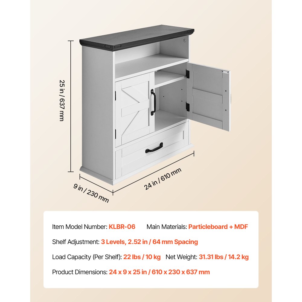 VEVOR Mobiletto da Bagno Pensile con 2 Ante e Ripiani Regolabili, Mobiletto Portaoggetti Pensile per Bagno con Divisorio Aperto e Cassetti per Cucina WC in Truciolare, 610 x 230 x 637 mm
