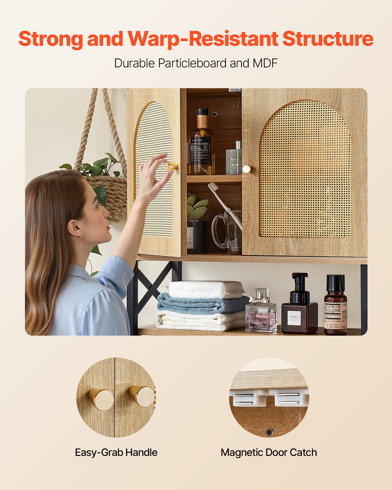 VEVOR Mobiletto da Bagno Pensile con 2 Ante e Ripiani Regolabili, Mobiletto Portaoggetti per Montaggio a Parete, Armadietto da Bagno da Parete Sospeso con 3 Scomparti Aperti per Cucina e WC