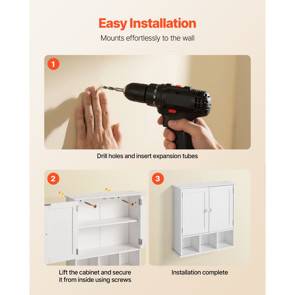 VEVOR Mobiletto da Bagno Pensile con 2 Ante e Ripiani Regolabili, Mobiletto Portaoggetti per Montaggio a Parete, Armadietto da Bagno da Parete Sospeso con 3 Scomparti Aperti per Cucina e WC