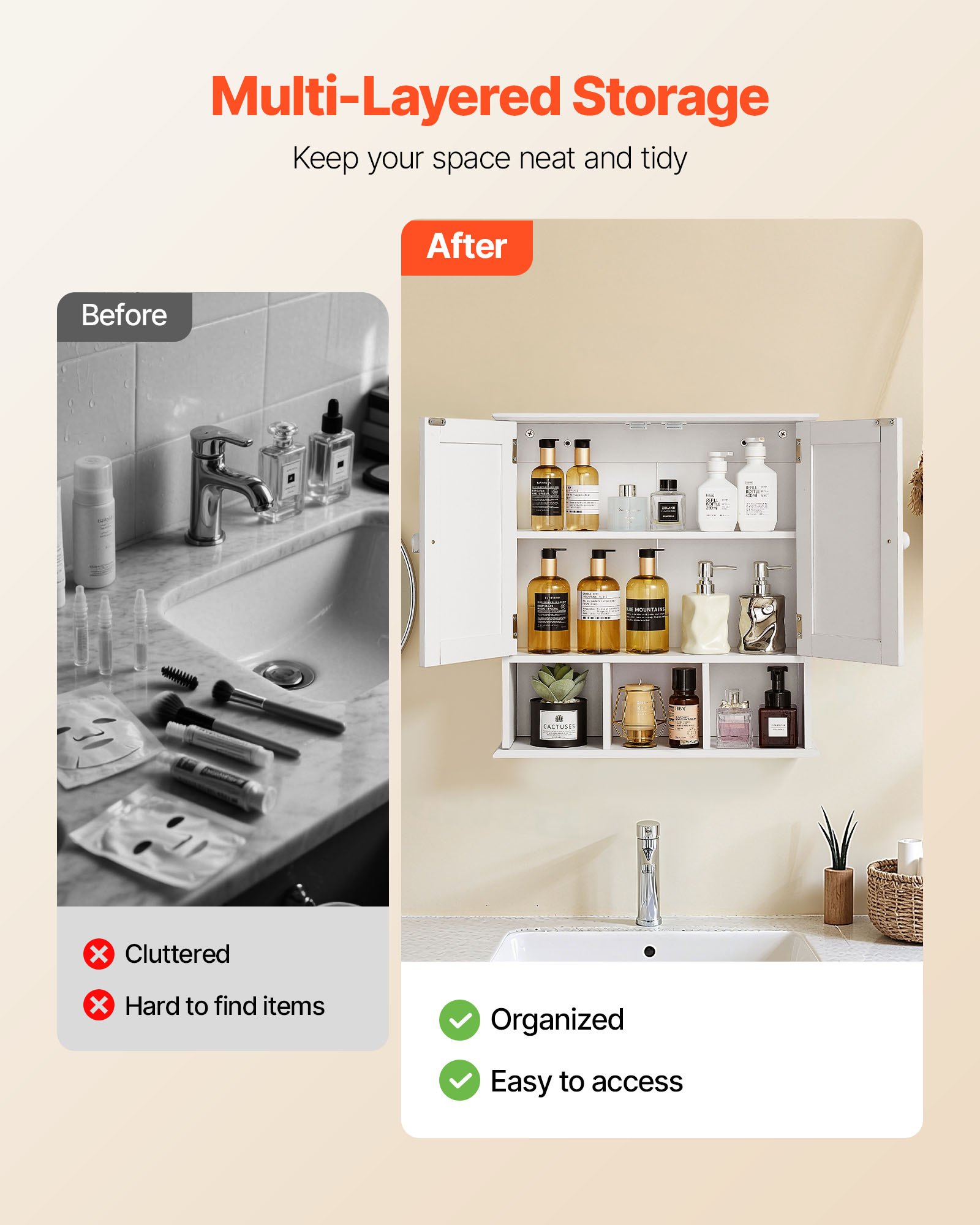 VEVOR Mobiletto da Bagno Pensile con 2 Ante e Ripiani Regolabili, Mobiletto Portaoggetti per Montaggio a Parete, Armadietto da Bagno da Parete Sospeso con 3 Scomparti Aperti per Cucina e WC