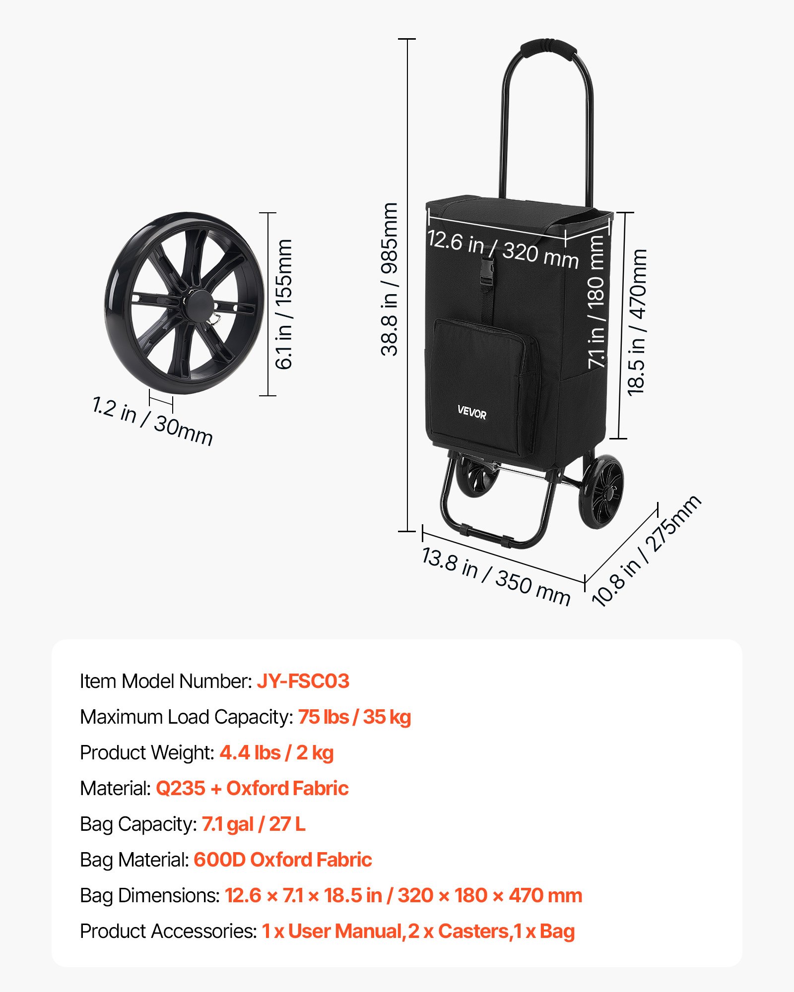 VEVOR Carrello della Spesa Pieghevole a 2 Ruote con Borsa Rimovibile, Nero, Carrello 2 in 1 con Impugnatura in Schiuma Morbida, Scomparti Portaoggetti, Compatto per Mercato, Lavanderia e Campeggio