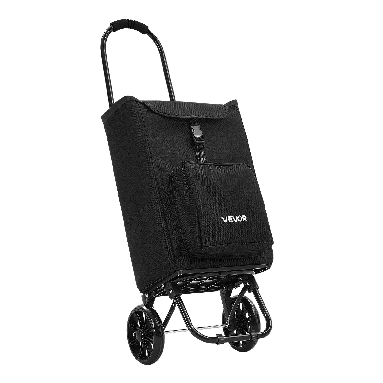 VEVOR Carrello della Spesa Pieghevole a 2 Ruote con Borsa Rimovibile, Nero, Carrello 2 in 1 con Impugnatura in Schiuma Morbida, Scomparti Portaoggetti, Compatto per Mercato, Lavanderia e Campeggio